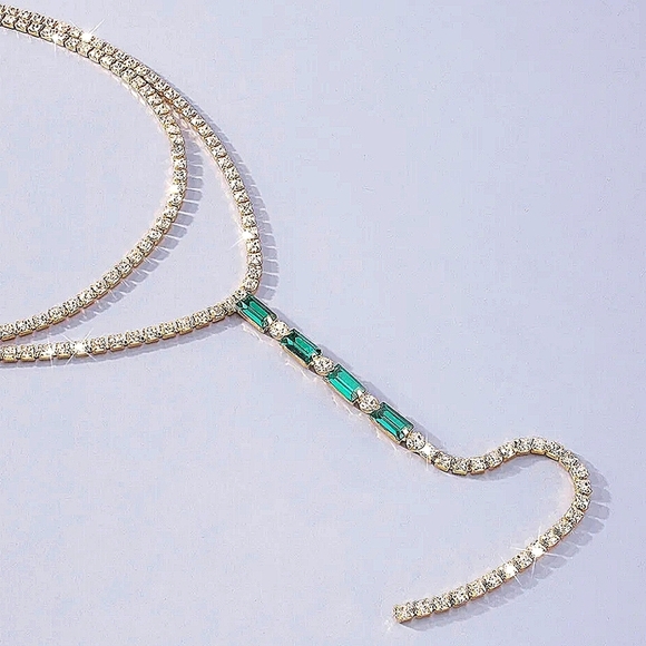 Lariat Gold Emerald Green Rhinestone Choker Necklace - Picture 3 of 3